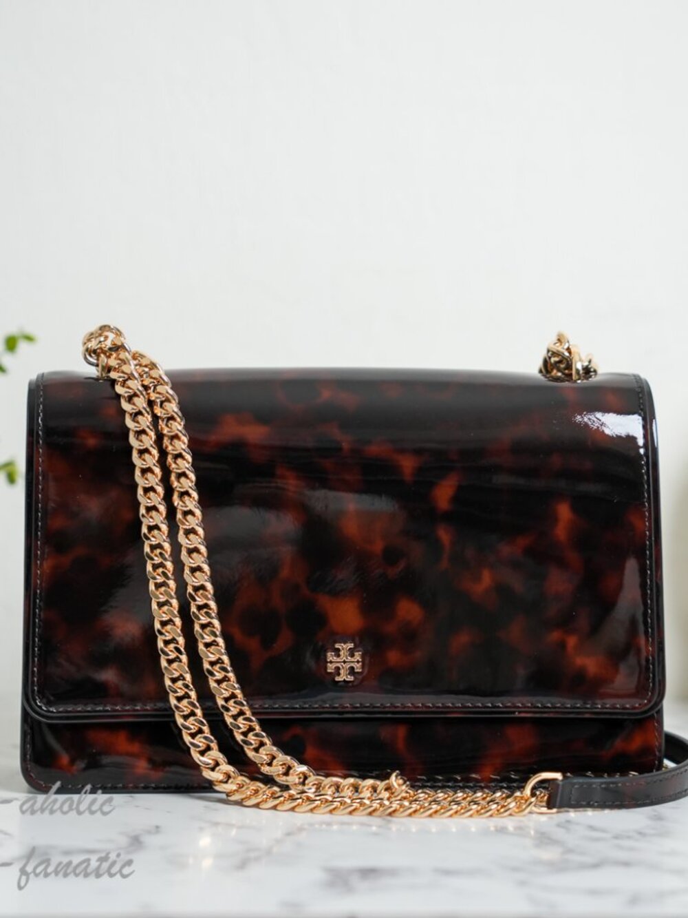 Tory Burch Emerson Tortoise Patent Leather Adjustable Shoulder Bag Purse NWT